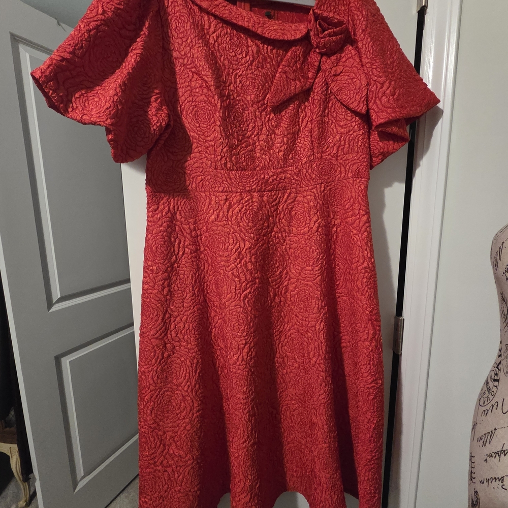 Red Textured Fit-and-Flare Midi Dress with Flutter Sleeves